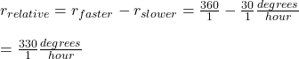 r_{relative} = r_{faster} - r_{slower} = \frac{360}{1} - \frac{30}{1} \frac{degrees}{hour} \newline \newline = \frac{330}{1} \frac{degrees}{hour}